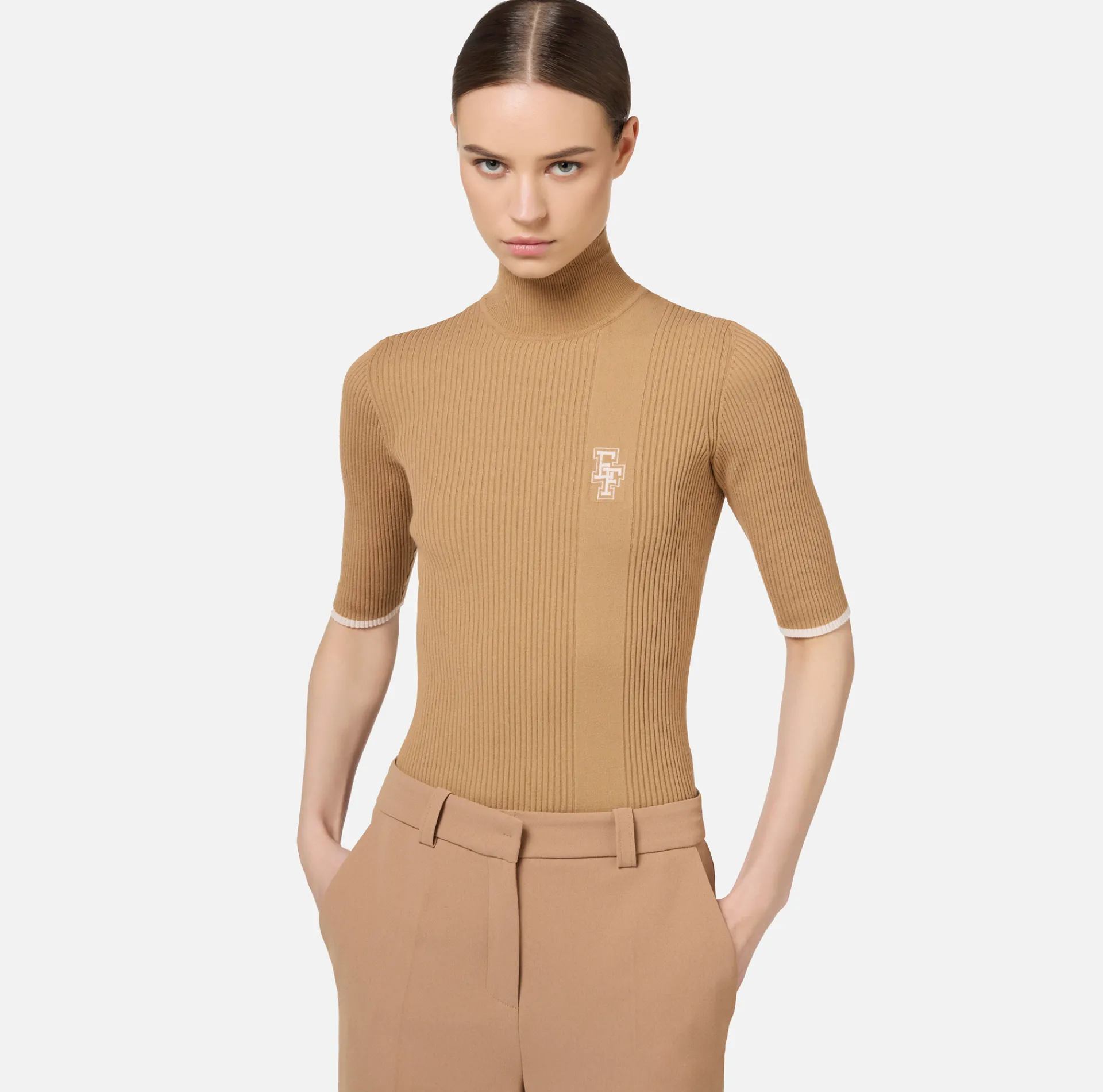 Elisabetta Franchi Knitwear And Sweatshirts|Turtleneck top in viscose fabric with college-style logo Camel/Butter