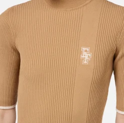 Elisabetta Franchi Knitwear And Sweatshirts|Turtleneck top in viscose fabric with college-style logo Camel/Butter