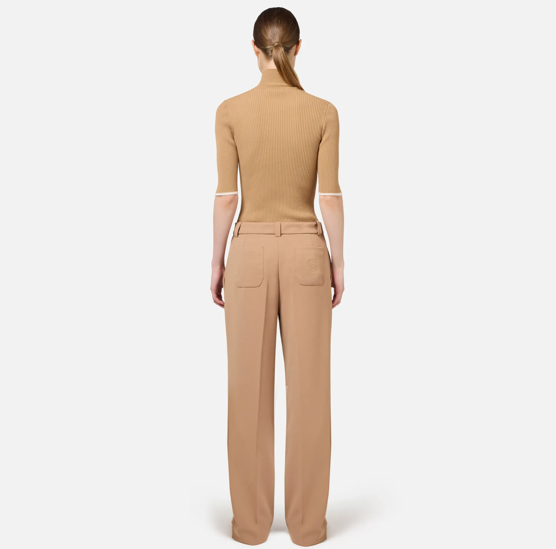 Elisabetta Franchi Knitwear And Sweatshirts|Turtleneck top in viscose fabric with college-style logo Camel/Butter