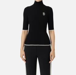 Elisabetta Franchi Knitwear And Sweatshirts|Turtleneck top in viscose fabric with college-style logo Black/Butter