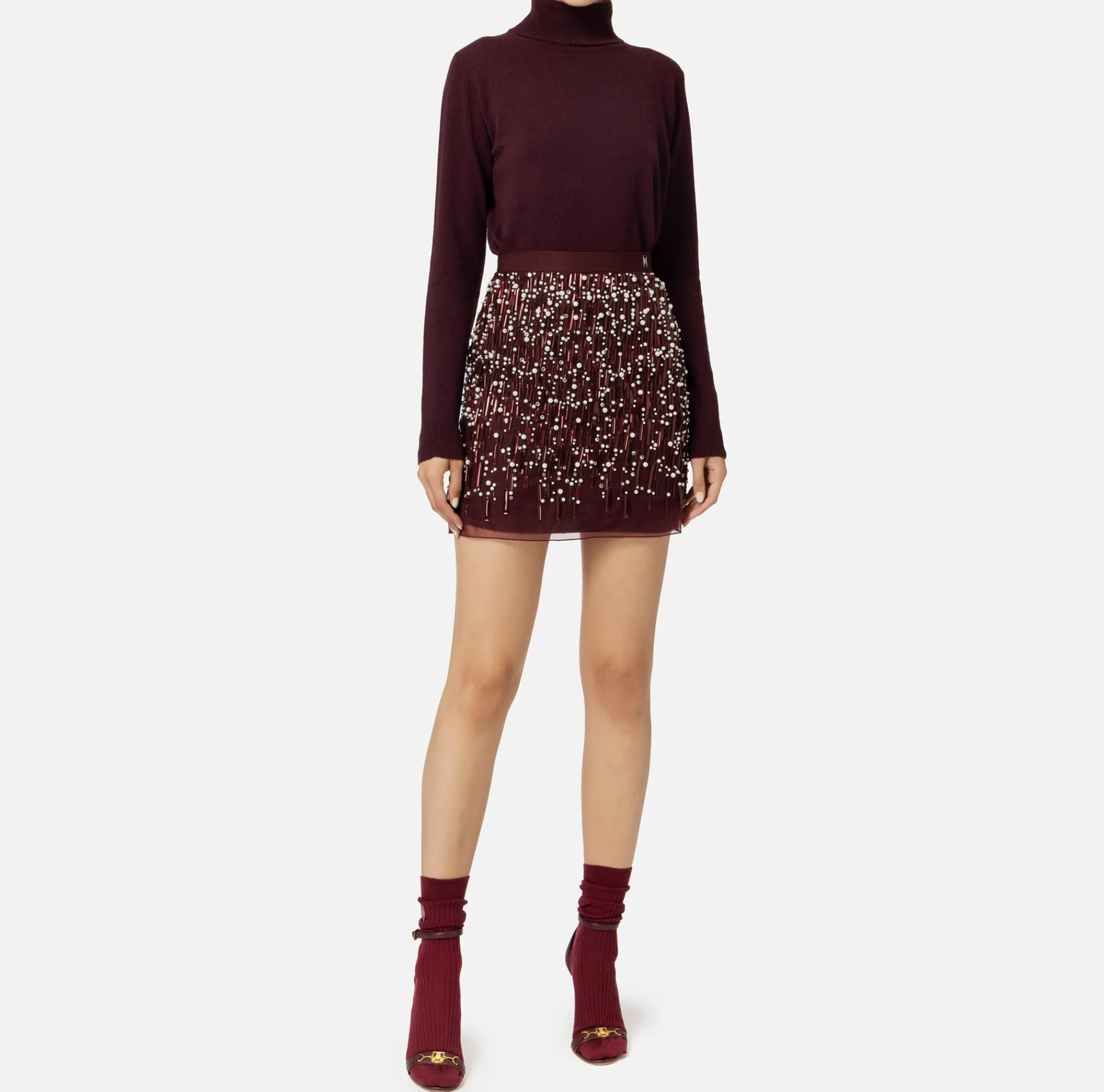 Elisabetta Franchi Mini Dresses|Knitted Dresses|Turtleneck wool dress with embroidered skirt RougeNoir