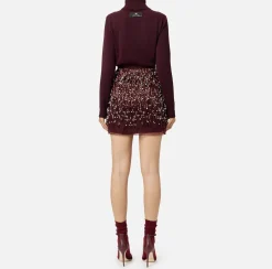 Elisabetta Franchi Mini Dresses|Knitted Dresses|Turtleneck wool dress with embroidered skirt RougeNoir