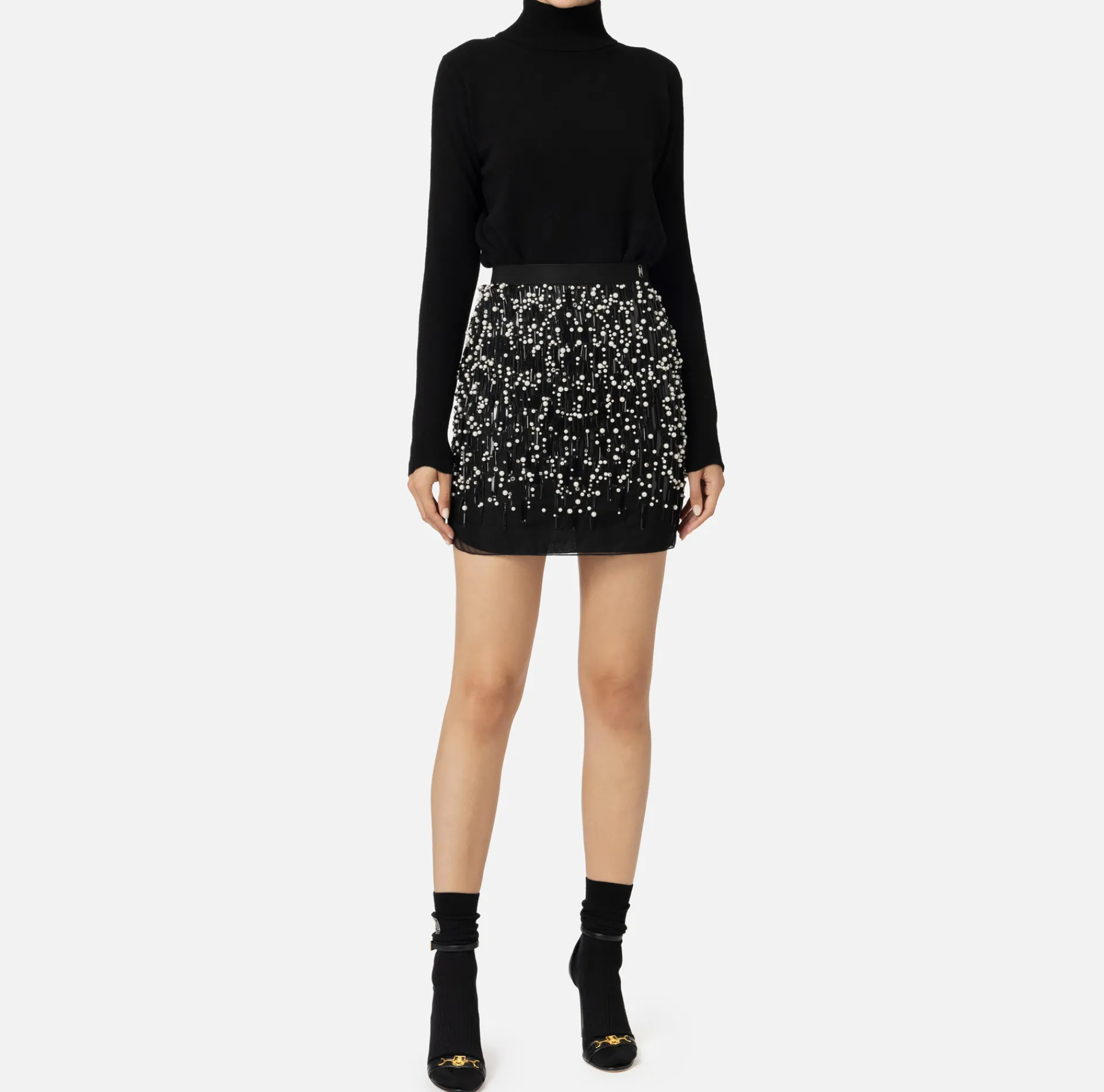 Elisabetta Franchi Mini Dresses|Knitted Dresses|Turtleneck wool dress with embroidered skirt Black