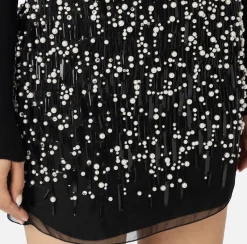 Elisabetta Franchi Mini Dresses|Knitted Dresses|Turtleneck wool dress with embroidered skirt Black
