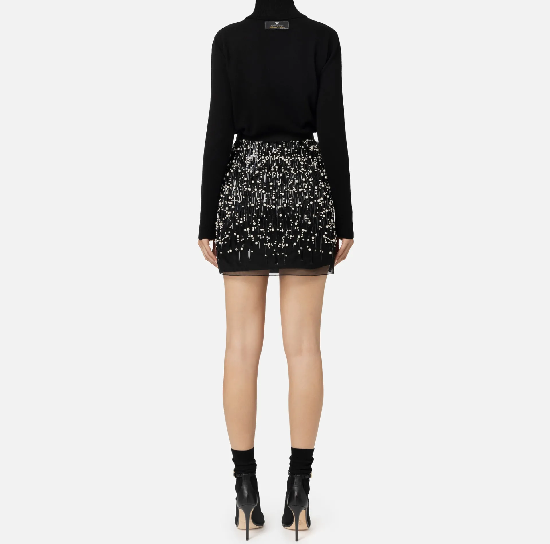 Elisabetta Franchi Mini Dresses|Knitted Dresses|Turtleneck wool dress with embroidered skirt Black