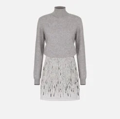 Elisabetta Franchi Mini Dresses|Knitted Dresses|Turtleneck wool dress with embroidered skirt HeatherGrey