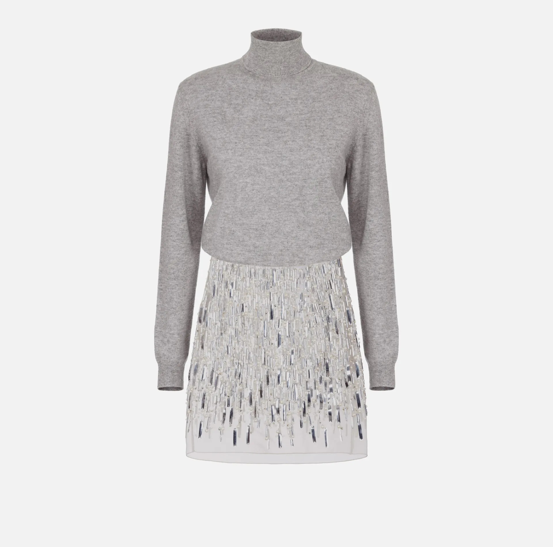 Elisabetta Franchi Mini Dresses|Knitted Dresses|Turtleneck wool dress with embroidered skirt HeatherGrey