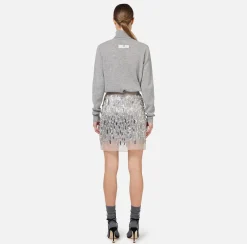 Elisabetta Franchi Mini Dresses|Knitted Dresses|Turtleneck wool dress with embroidered skirt HeatherGrey