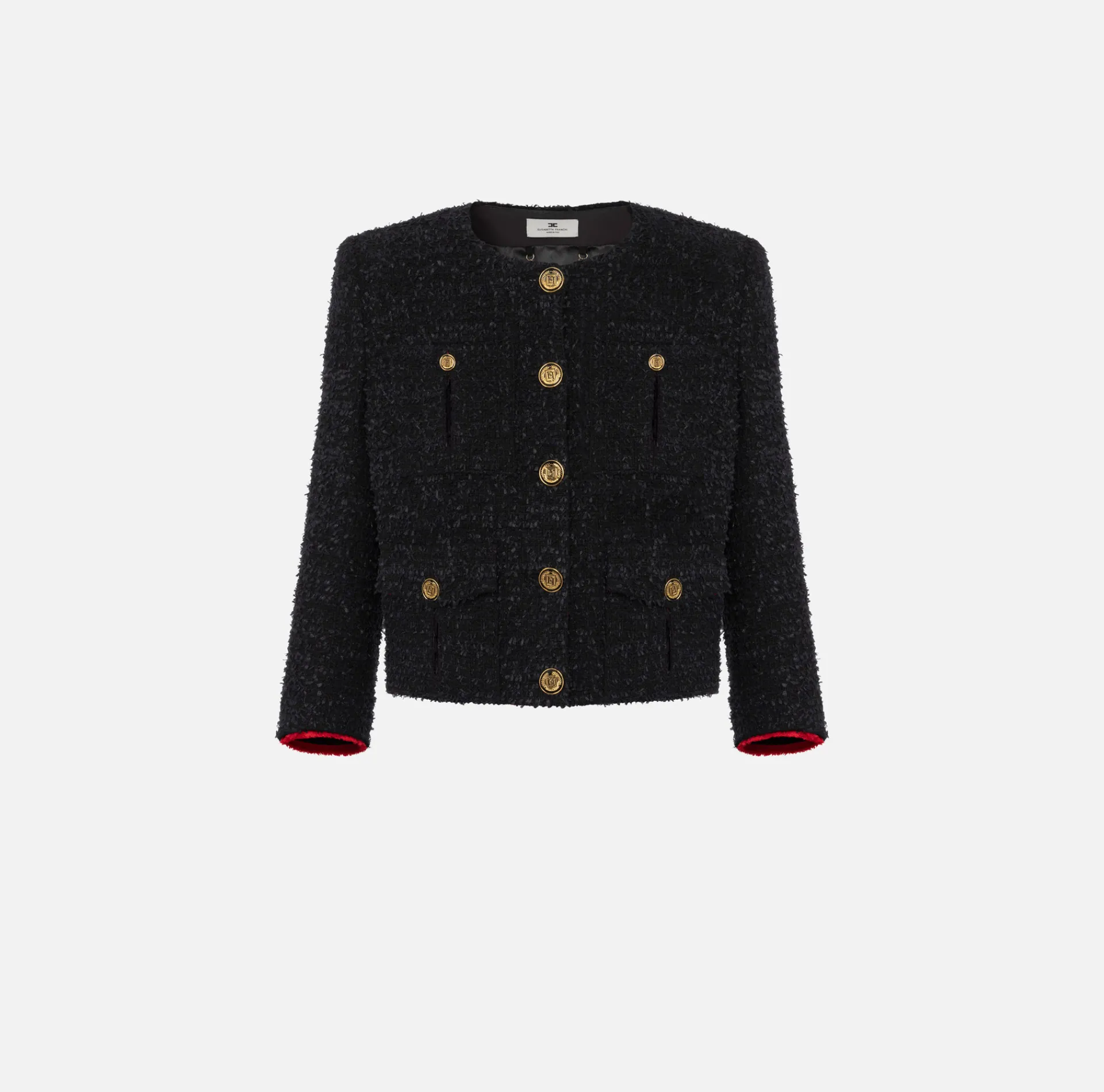 Elisabetta Franchi Jackets And Trench Coats|Tweed cropped jacket with pockets Black/RedPassion
