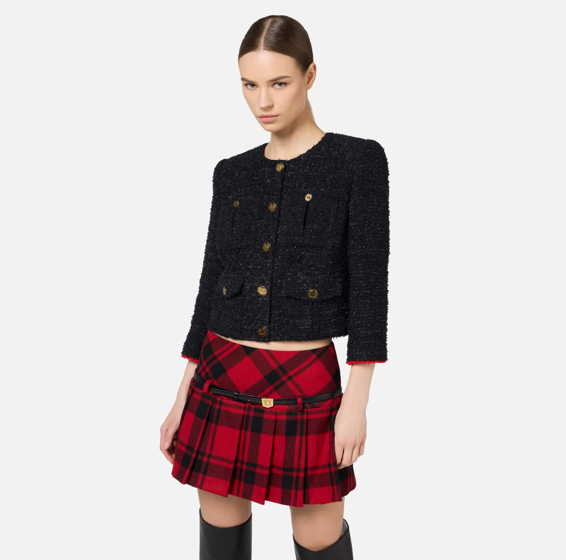 Elisabetta Franchi Jackets And Trench Coats|Tweed cropped jacket with pockets Black/RedPassion