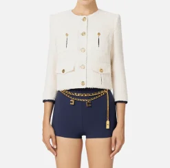 Elisabetta Franchi Jackets And Trench Coats|Tweed cropped jacket with pockets Butter/Navy