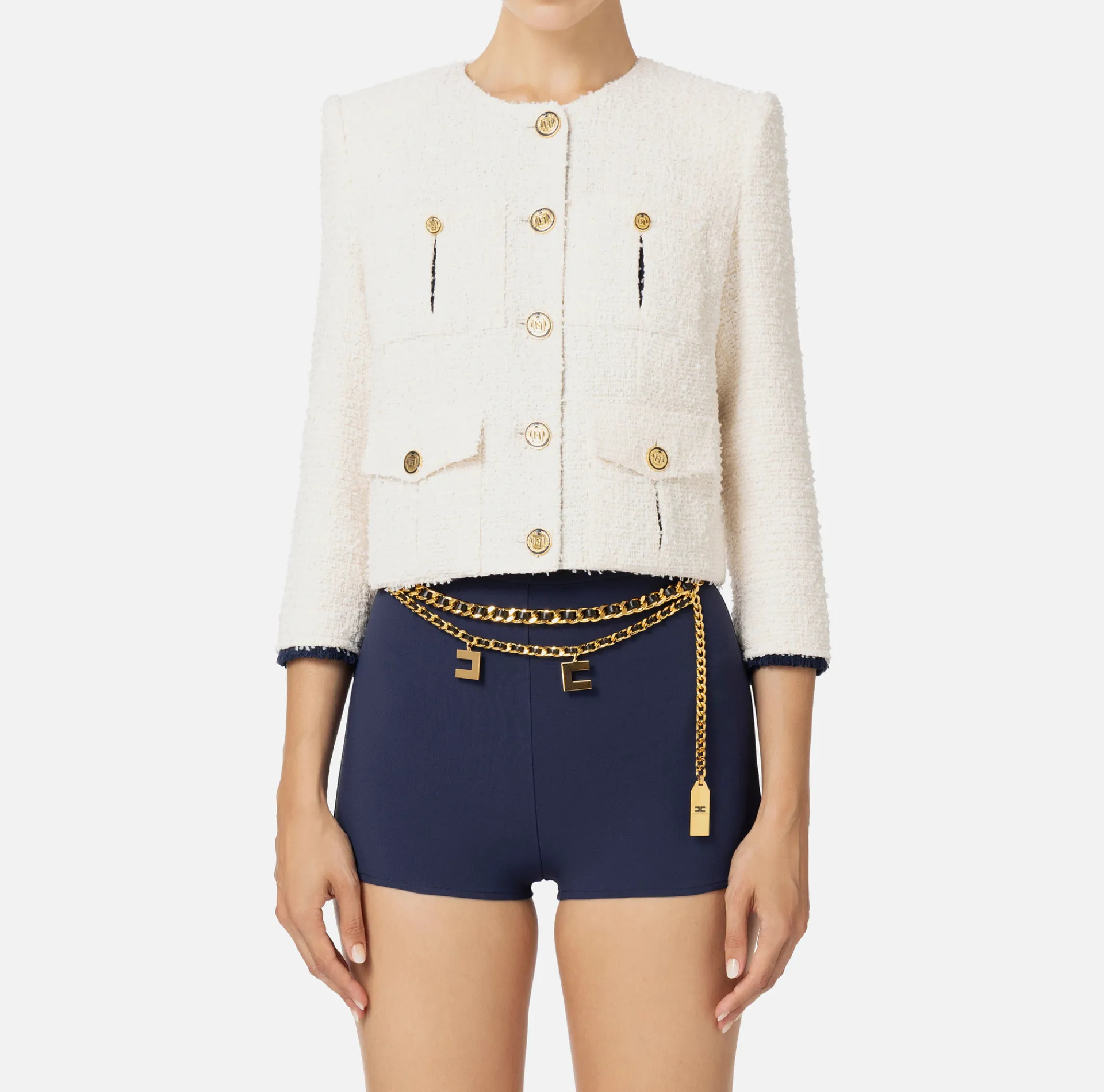 Elisabetta Franchi Jackets And Trench Coats|Tweed cropped jacket with pockets Butter/Navy