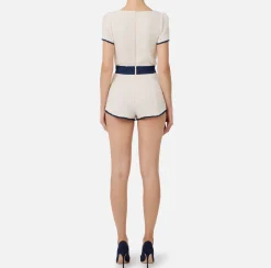Elisabetta Franchi Jumpsuits|Tweed romper suit with pockets Butter/Navy