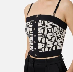 Elisabetta Franchi Top And T-Shirts|Viscose blend jacquard logo top Butter/Black
