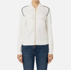 Elisabetta Franchi Knitwear And Sweatshirts|Viscose bomber jacket with logo patch Ivory/Black