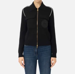 Elisabetta Franchi Knitwear And Sweatshirts|Viscose bomber jacket with logo patch Black/Butter