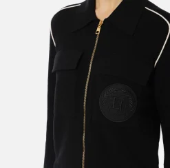 Elisabetta Franchi Knitwear And Sweatshirts|Viscose bomber jacket with logo patch Black/Butter
