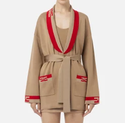 Elisabetta Franchi Knitwear And Sweatshirts|Viscose cardigan with logo bands Camel/RedPassion