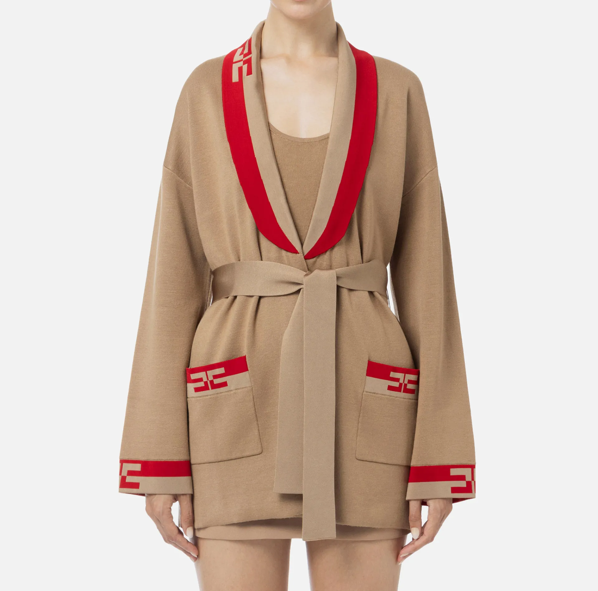 Elisabetta Franchi Knitwear And Sweatshirts|Viscose cardigan with logo bands Camel/RedPassion