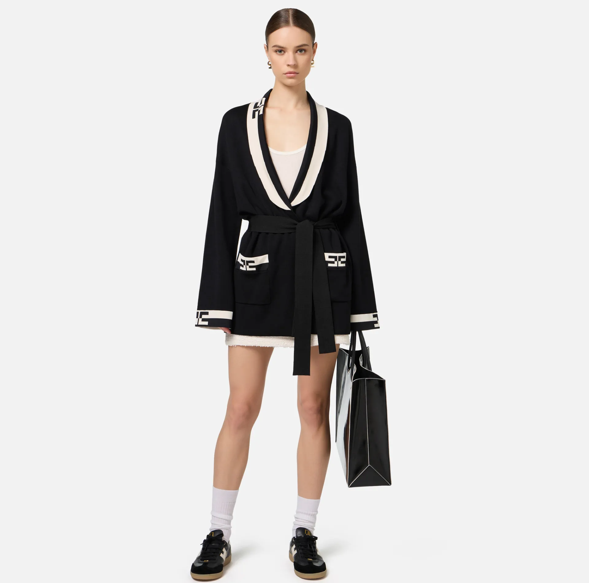 Elisabetta Franchi Knitwear And Sweatshirts|Viscose cardigan with logo bands Black/Butter