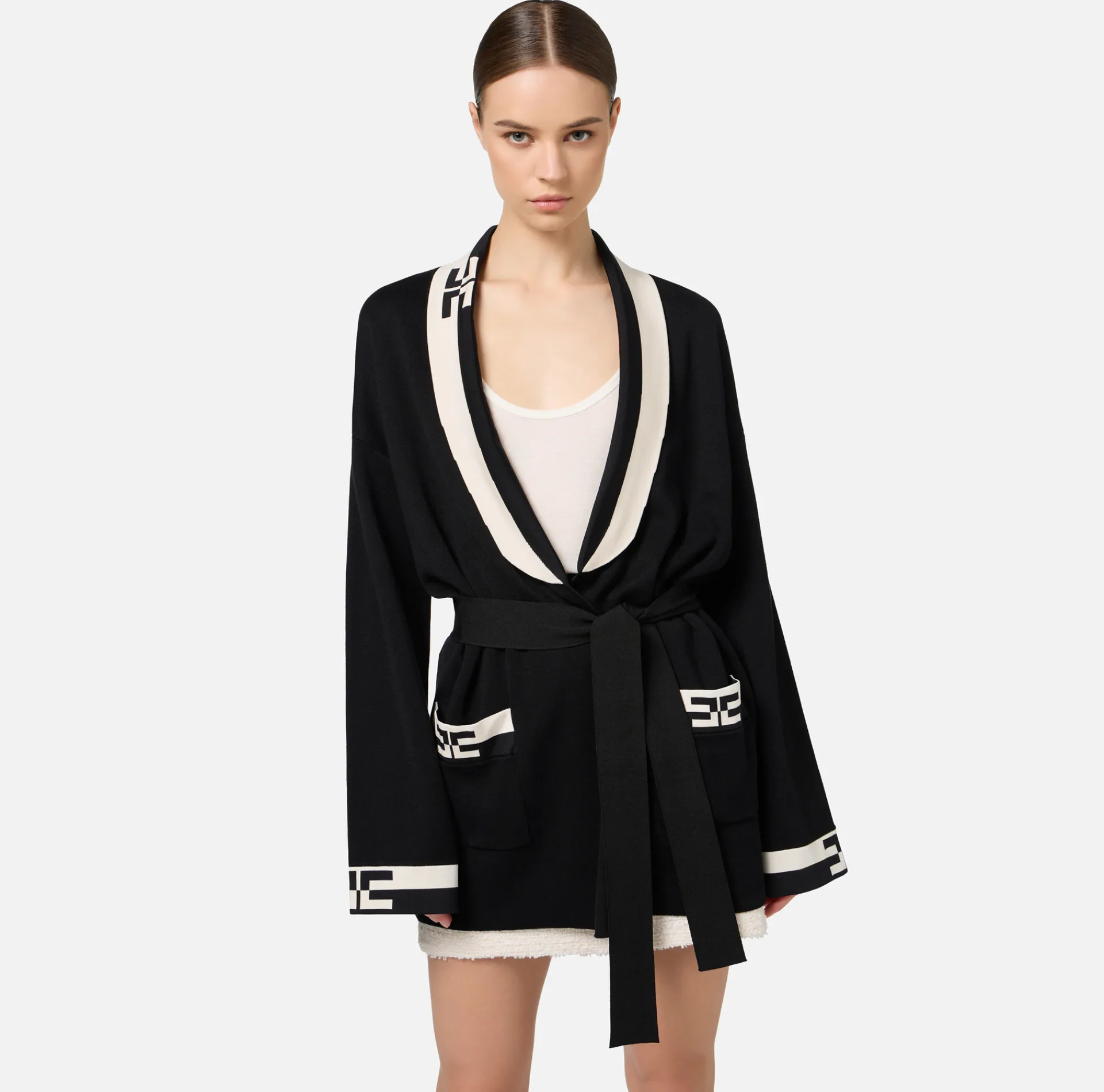 Elisabetta Franchi Knitwear And Sweatshirts|Viscose cardigan with logo bands Black/Butter