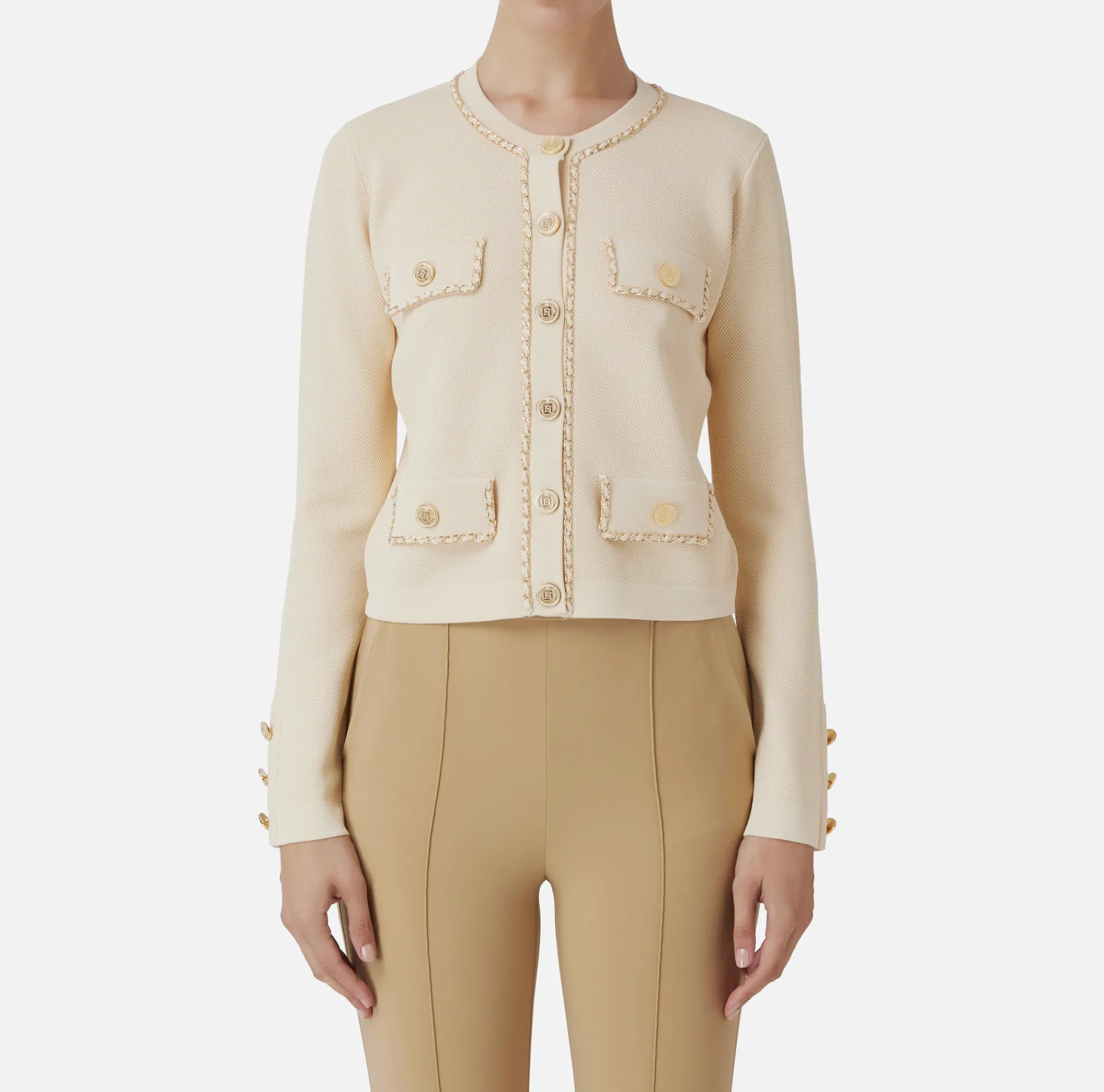 Elisabetta Franchi Knitwear And Sweatshirts|Viscose cropped jacket with chain Cream