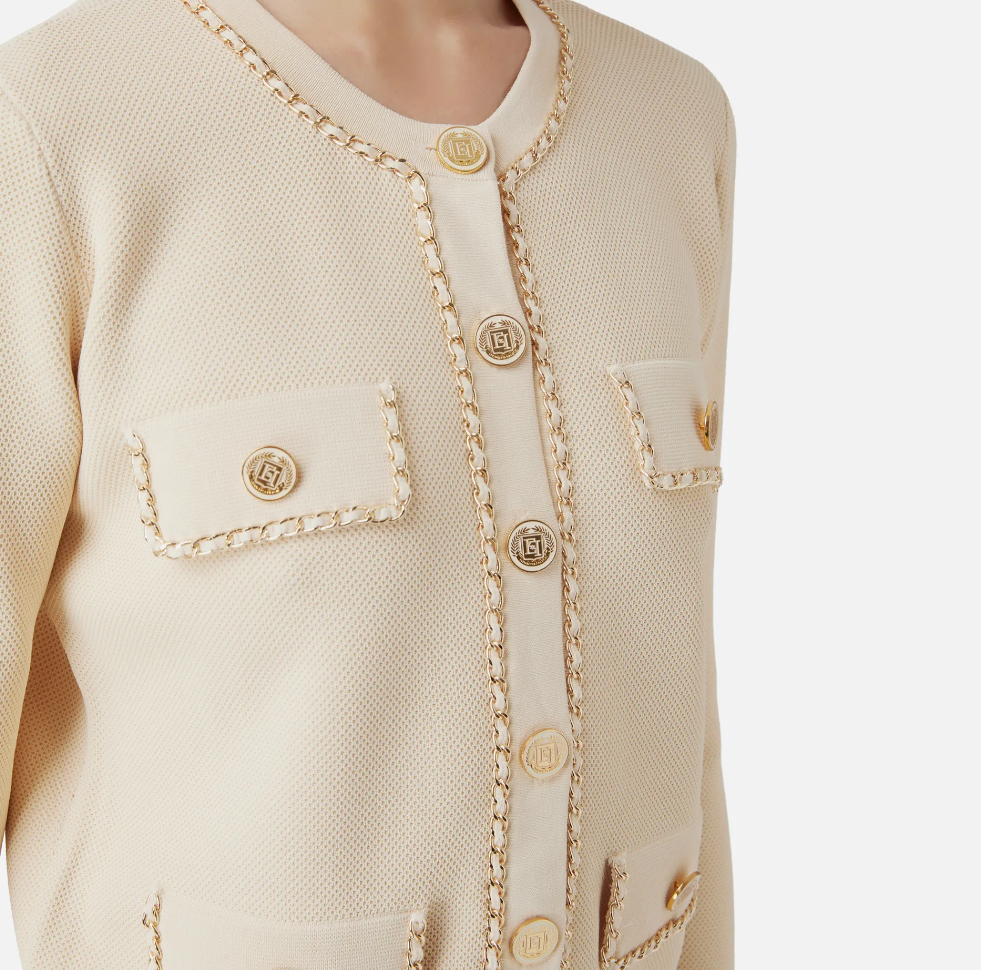 Elisabetta Franchi Knitwear And Sweatshirts|Viscose cropped jacket with chain Cream