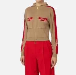 Elisabetta Franchi Knitwear And Sweatshirts|Viscose cropped sweatshirt with logo bands Camel/RedPassion
