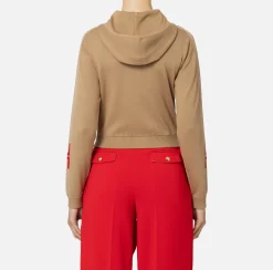 Elisabetta Franchi Knitwear And Sweatshirts|Viscose cropped sweatshirt with logo bands Camel/RedPassion