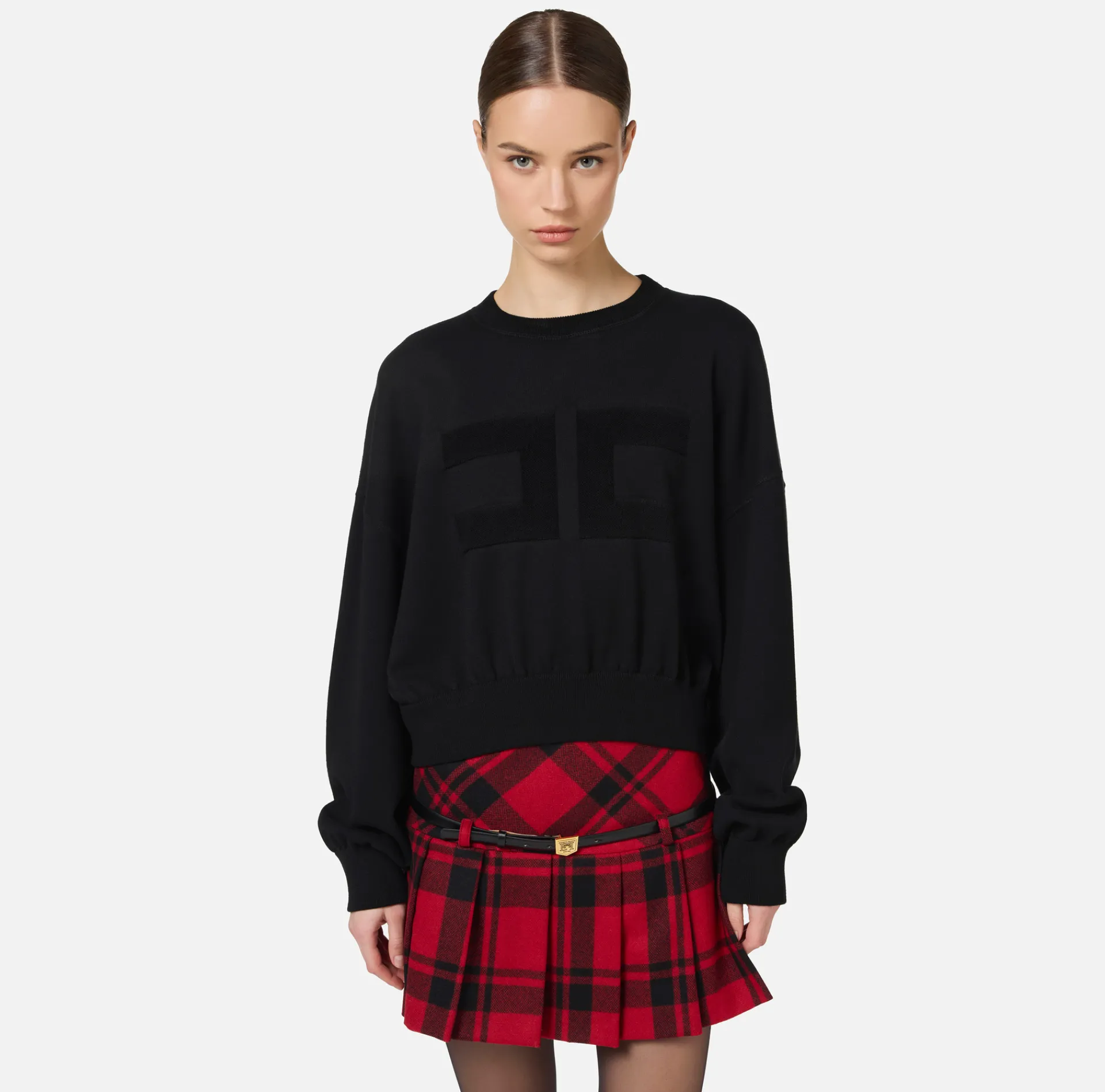 Elisabetta Franchi Knitwear And Sweatshirts|Viscose cropped sweatshirt with logo embroidery Black