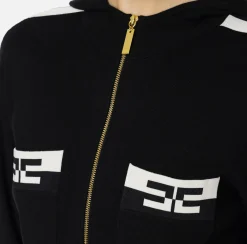 Elisabetta Franchi Knitwear And Sweatshirts|Viscose cropped sweatshirt with logo bands Black/Butter