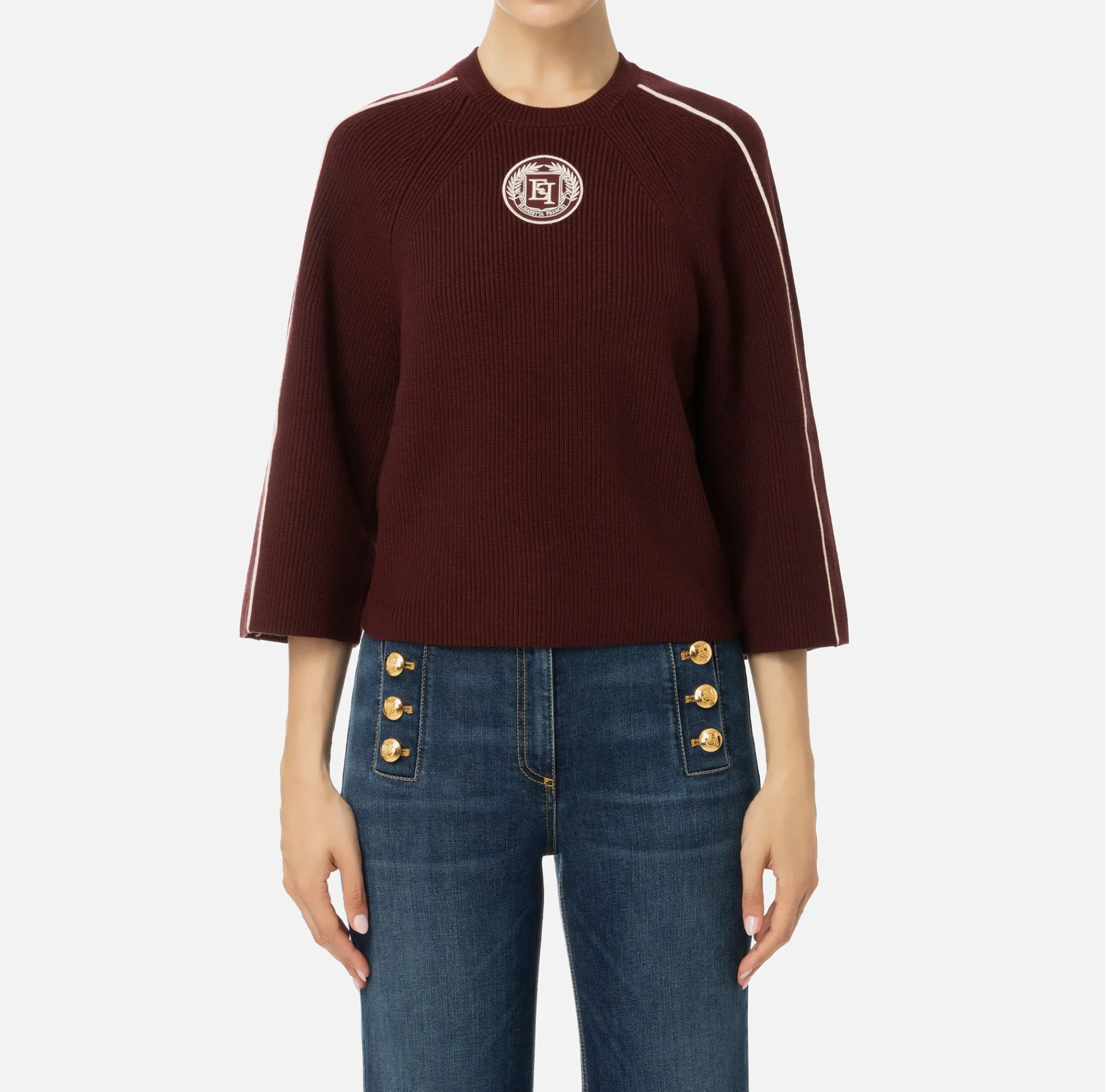 Elisabetta Franchi Knitwear And Sweatshirts|Viscose cropped top with logo patch RougeNoir/Butter