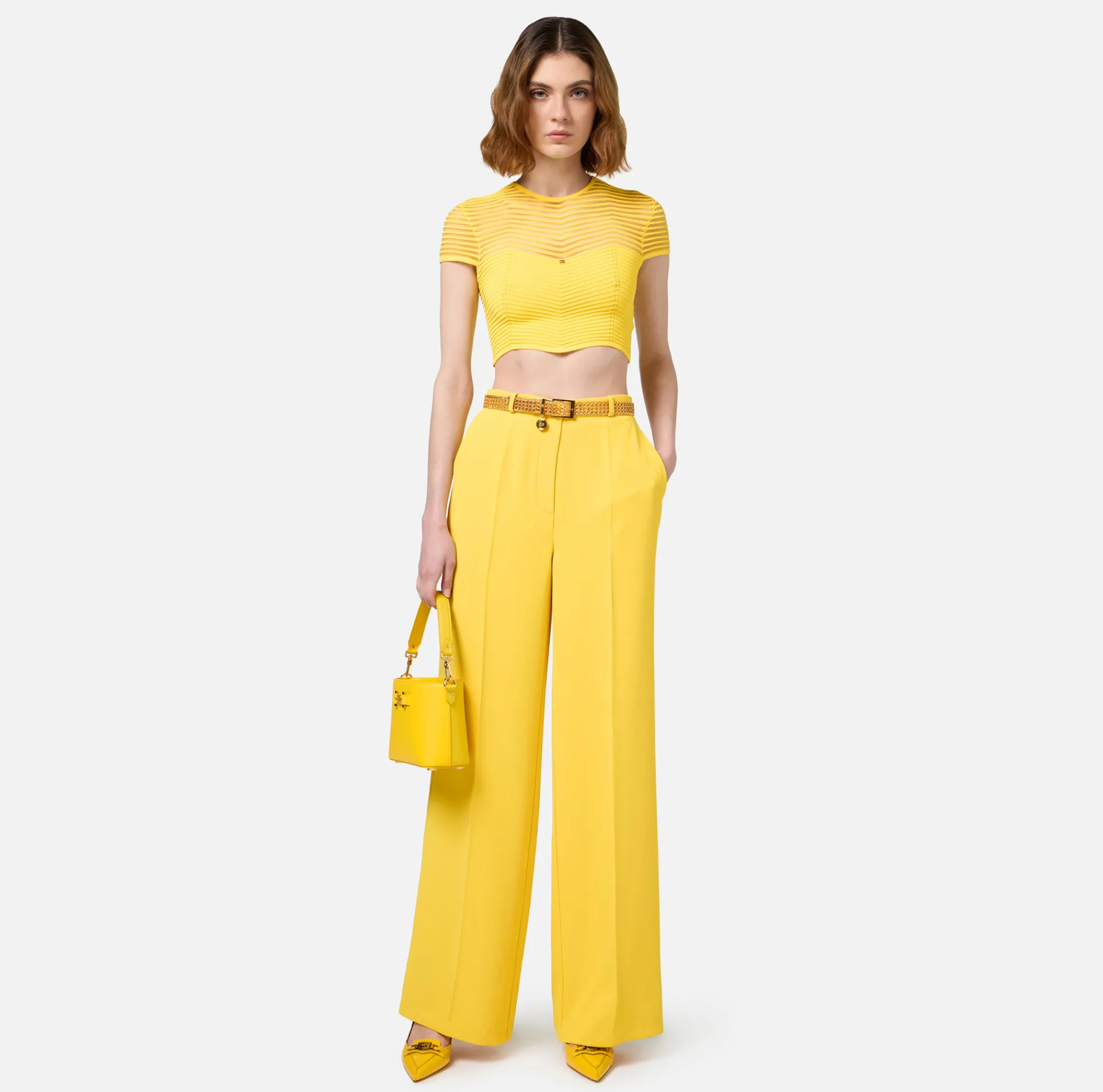 Elisabetta Franchi Top And T-Shirts|Viscose cropped top with herringbone pattern Mimosa