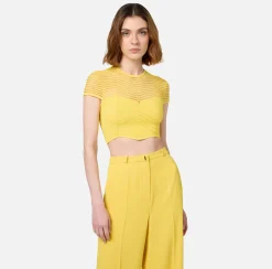 Elisabetta Franchi Top And T-Shirts|Viscose cropped top with herringbone pattern Mimosa