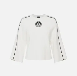 Elisabetta Franchi Knitwear And Sweatshirts|Viscose cropped top with logo patch Ivory/Black