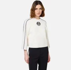 Elisabetta Franchi Knitwear And Sweatshirts|Viscose cropped top with logo patch Ivory/Black