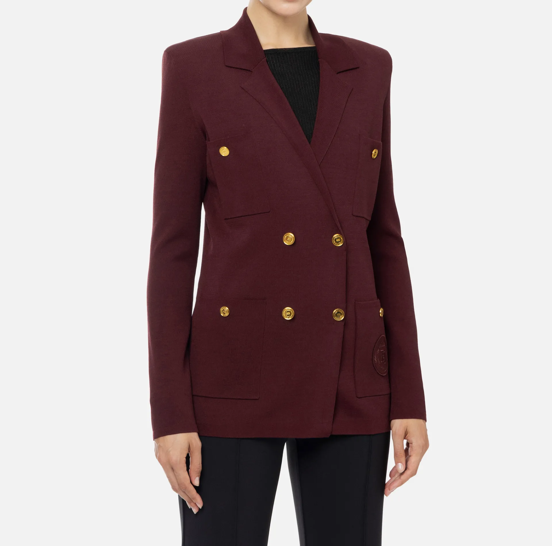 Elisabetta Franchi Knitwear And Sweatshirts|Jackets And Trench Coats|Viscose double-breasted jacket with logo patch RougeNoir