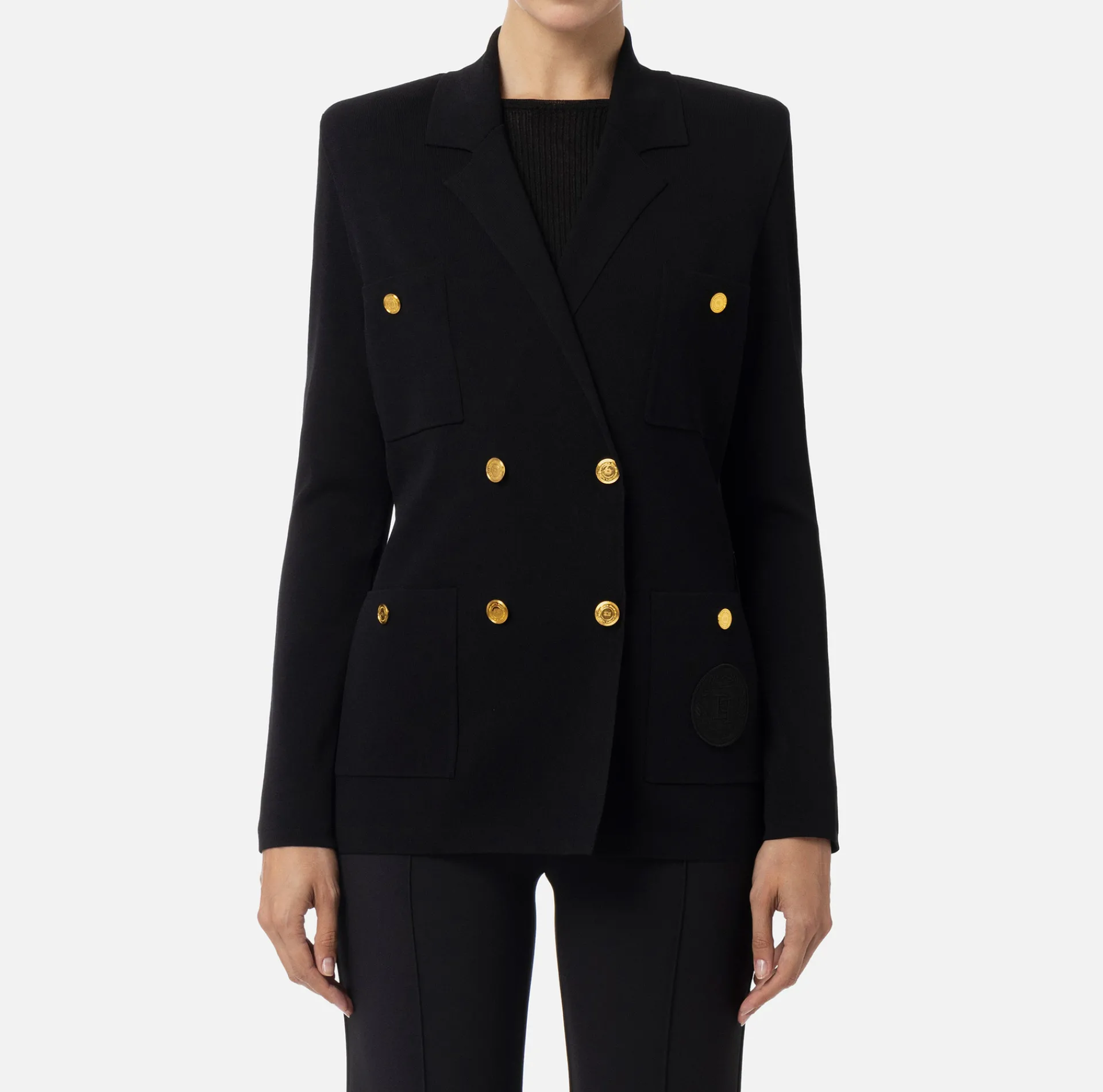 Elisabetta Franchi Knitwear And Sweatshirts|Jackets And Trench Coats|Viscose double-breasted jacket with logo patch Black