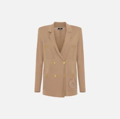 Elisabetta Franchi Knitwear And Sweatshirts|Jackets And Trench Coats|Viscose double-breasted jacket with logo patch Camel