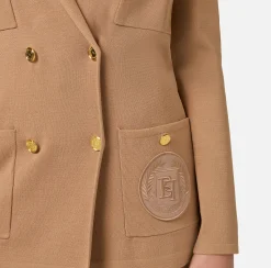 Elisabetta Franchi Knitwear And Sweatshirts|Jackets And Trench Coats|Viscose double-breasted jacket with logo patch Camel