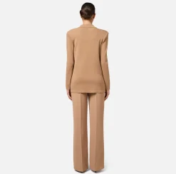 Elisabetta Franchi Knitwear And Sweatshirts|Jackets And Trench Coats|Viscose double-breasted jacket with logo patch Camel