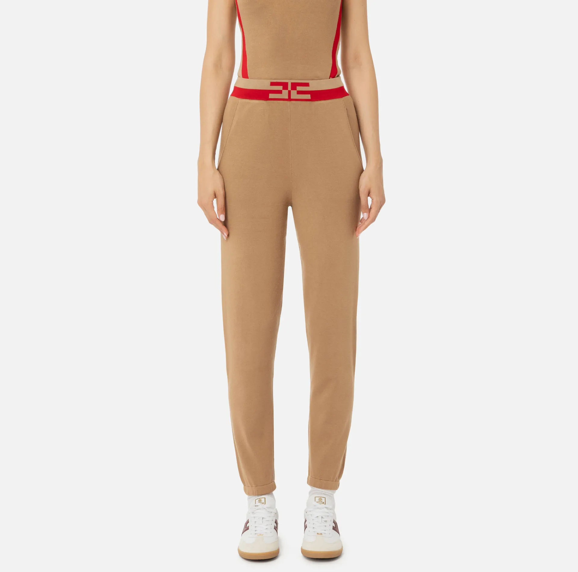 Elisabetta Franchi Trousers And Shorts|Viscose jogger trousers with logo bands Camel/RedPassion