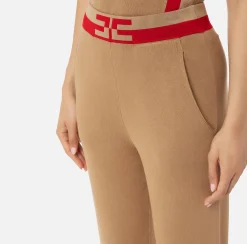 Elisabetta Franchi Trousers And Shorts|Viscose jogger trousers with logo bands Camel/RedPassion