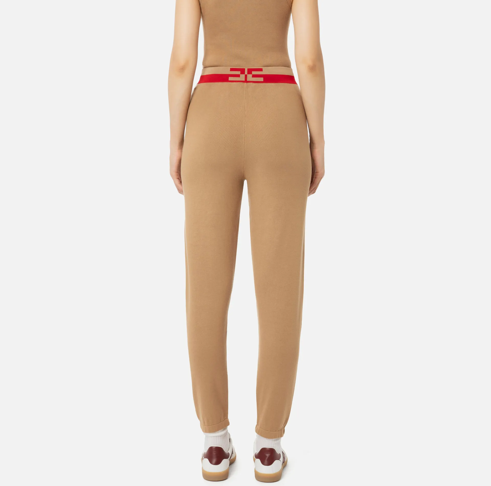Elisabetta Franchi Trousers And Shorts|Viscose jogger trousers with logo bands Camel/RedPassion