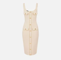 Elisabetta Franchi Midi Dresses|Knitted Dresses|Viscose midi dress with chain Cream