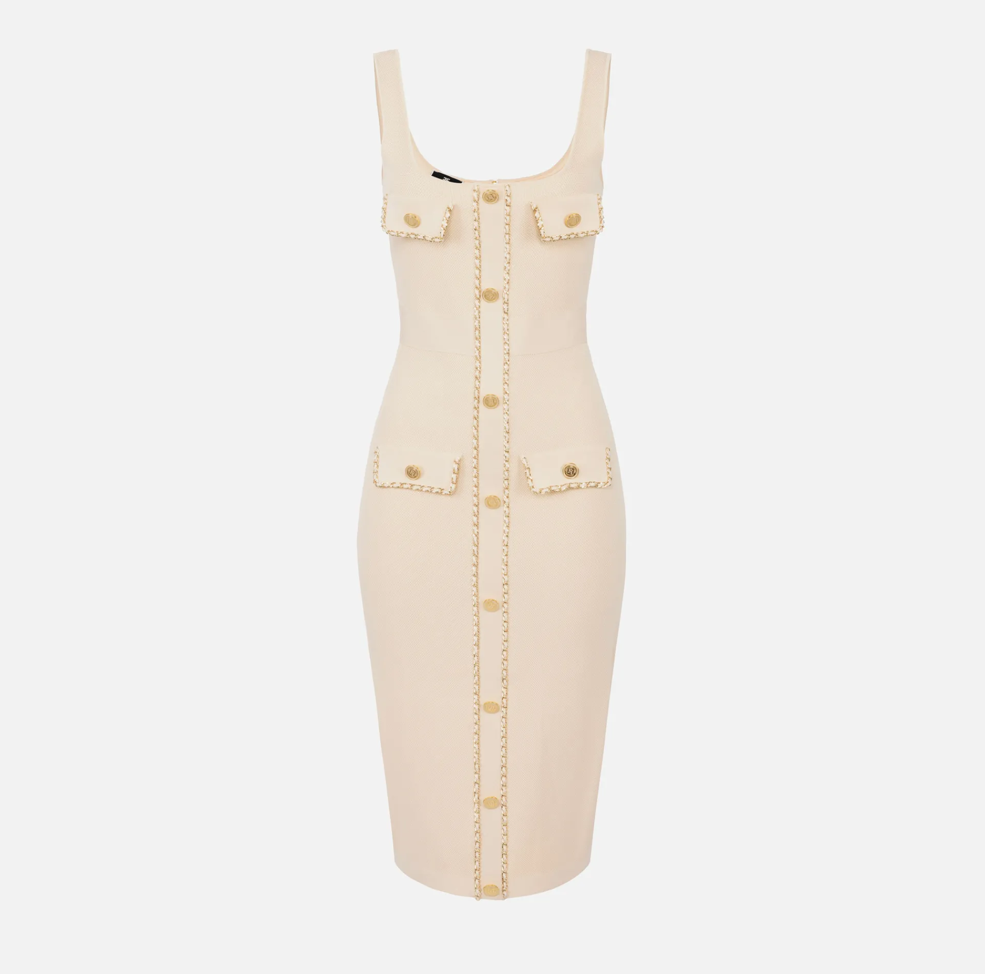 Elisabetta Franchi Midi Dresses|Knitted Dresses|Viscose midi dress with chain Cream