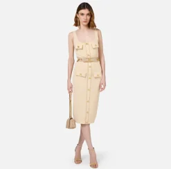 Elisabetta Franchi Midi Dresses|Knitted Dresses|Viscose midi dress with chain Cream