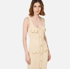 Elisabetta Franchi Midi Dresses|Knitted Dresses|Viscose midi dress with chain Cream