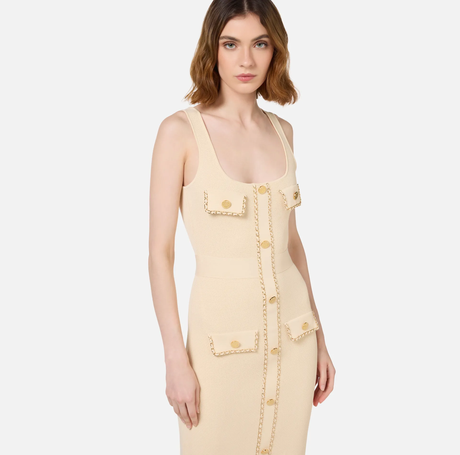 Elisabetta Franchi Midi Dresses|Knitted Dresses|Viscose midi dress with chain Cream