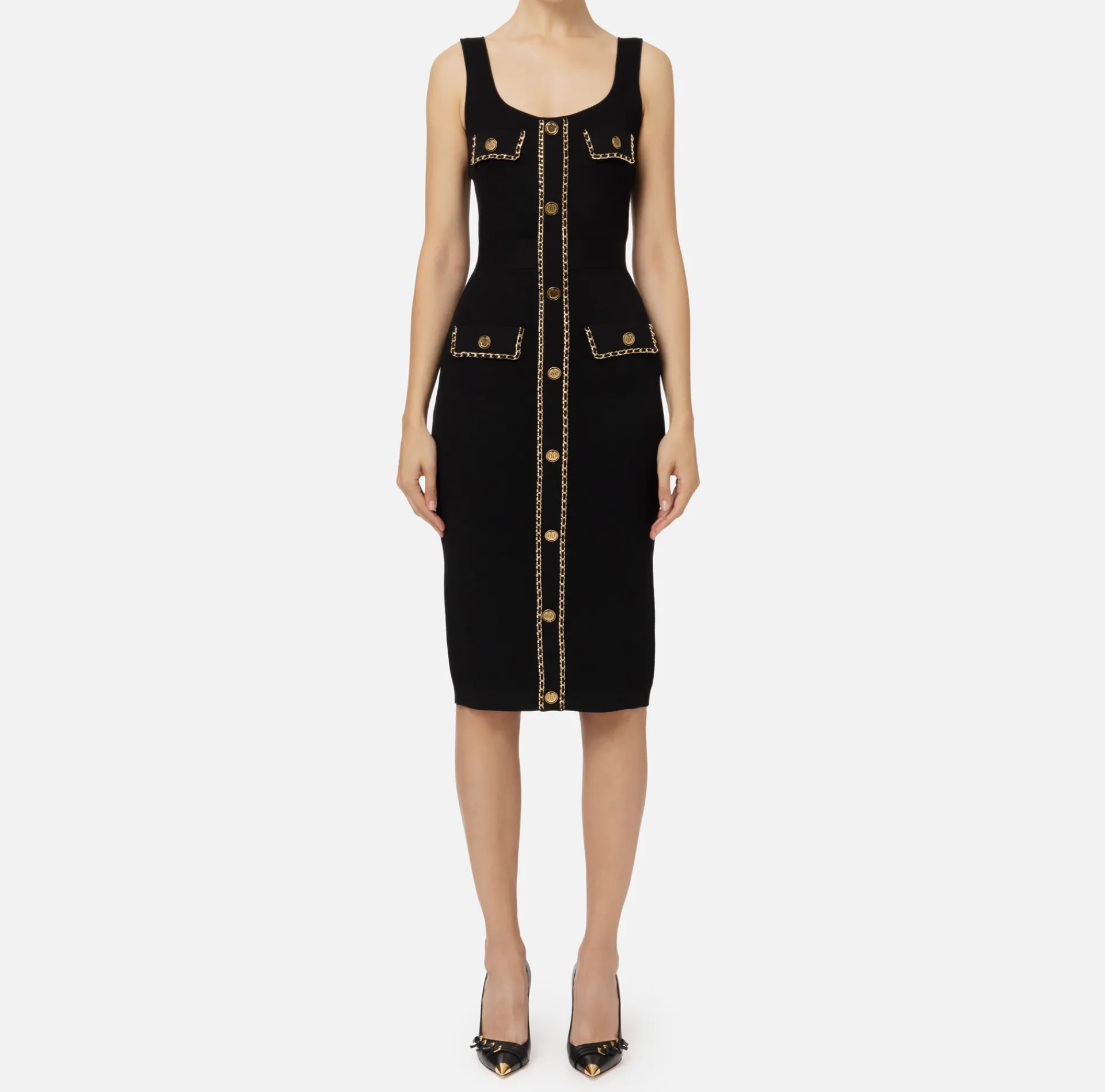 Elisabetta Franchi Midi Dresses|Knitted Dresses|Viscose midi dress with chain Black